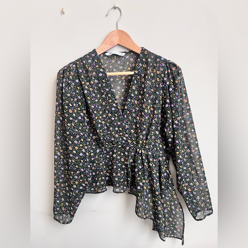 Zara Floral Wrap Blouse - Black and Multi